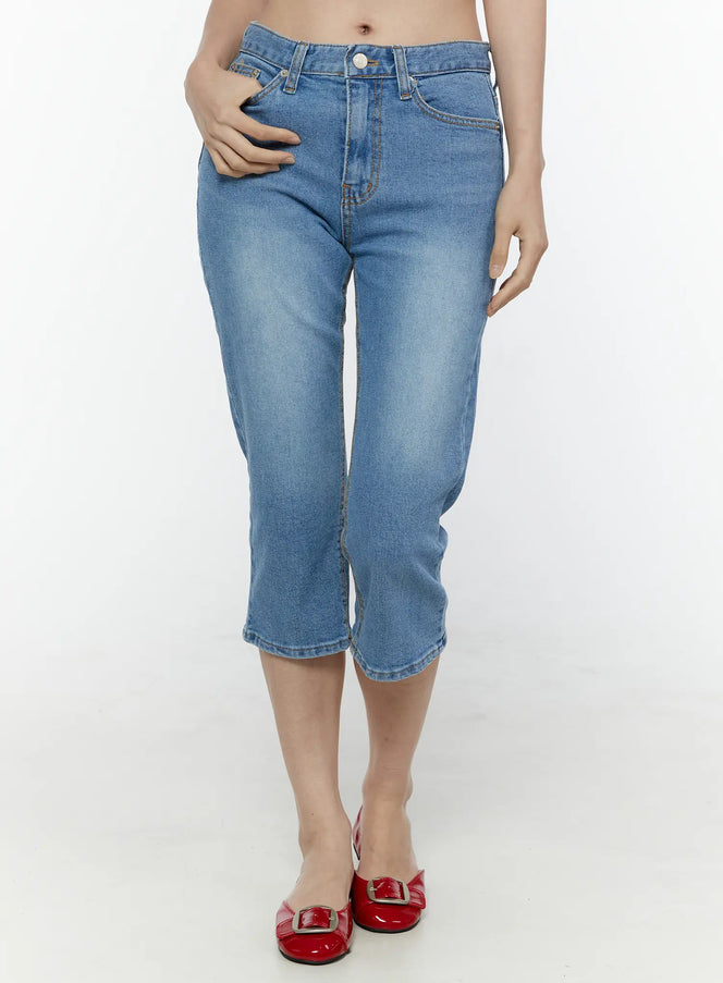 LEWKIN Roselle Capri Jorts IL506 Blue cropped front view on model size S with washed denim texture button fly and red buckle flats