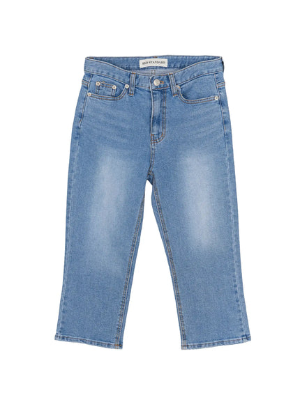 Roselle Capri Jorts IL506 Blue flat-lay front view showing BYD STANDARD label five-pocket construction washed denim and flared capri hem