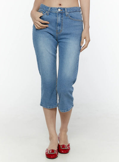 LEWKIN Roselle Capri Jorts IL506 Blue cropped front view on model size S with washed denim texture button fly and red buckle flats