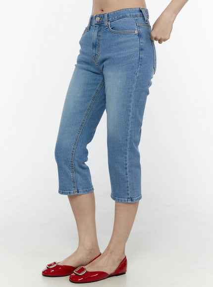 Roselle Capri Jorts IL506 Blue side view on model showing silhouette slim capri cut mid-rise waistband and red patent buckle flats