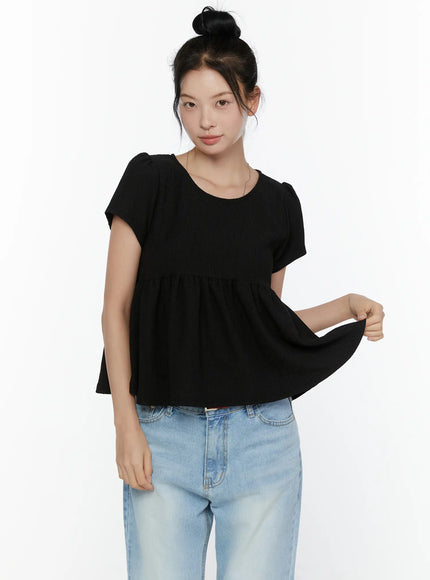 Round Neck Shirred Short Sleeve Top CL520 in Black, size S/M