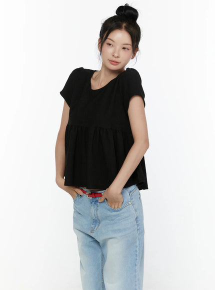 Round Neck Shirred Short Sleeve Top CL520 in Black, size S/M