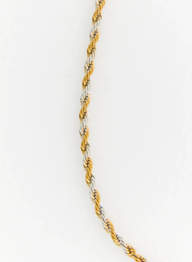 Rowan 2mm Twisted Necklace IL517 gold and silver close-up detail of twisted rope chain texture highlighting two-tone weave pattern