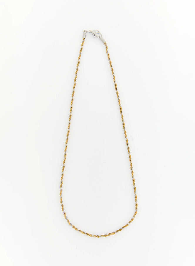 LEWKIN Rowan 2mm Twisted Necklace IL517 gold and silver flat-lay full-length view showing two-tone rope chain with lobster clasp closure