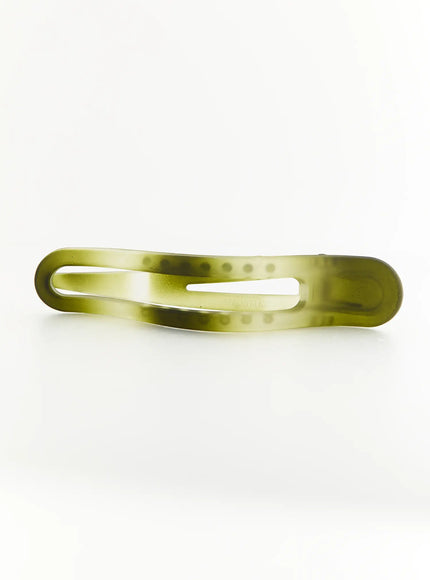 Ruby Hair Clip IL503 olive green close-up bottom view revealing flat inner base with dual oval cutouts and matte surface detail