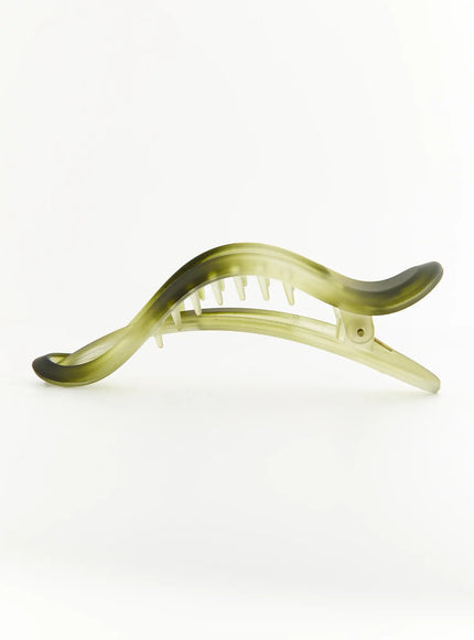 Ruby Hair Clip IL503 olive green side view displaying wave-shaped resin body with comb teeth and matte frosted finish