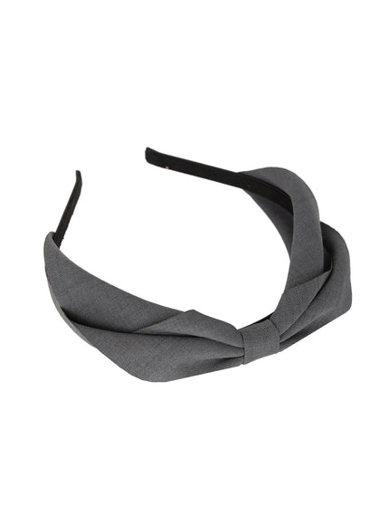 Ruched Bow Headband IL509 Dark gray flat-lay product shot showing woven bow knot detail, structured fabric band, and black inner frame on white background