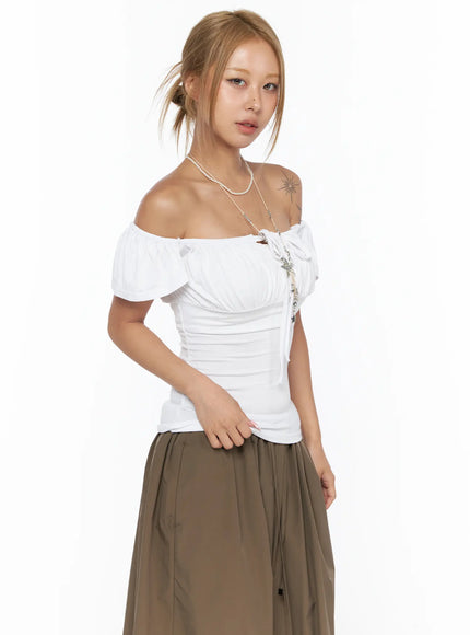 Ruched Off-Shoulder Bow Detail Top CU524 in White, size S/M