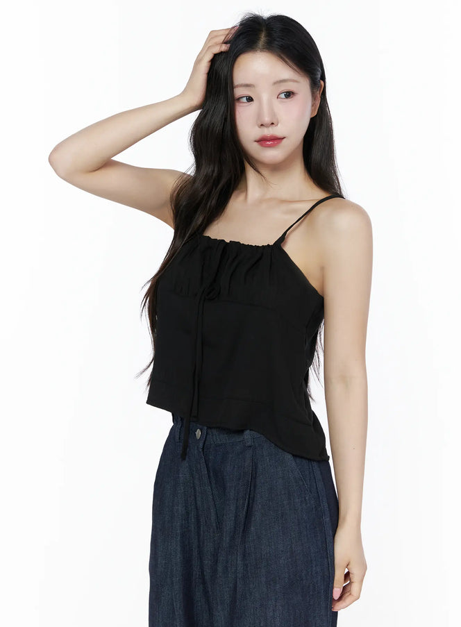 Ruched Ribbon Cami Top IU525 in Black, size S/M