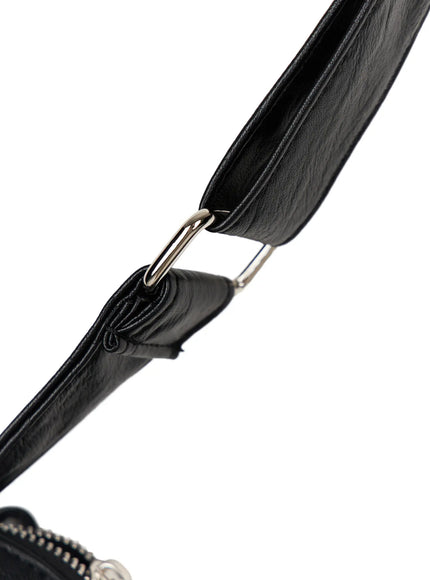 Ruched Shoulder Bag CL503 Black close-up detail of silver D-ring hardware connecting adjustable strap to bag body