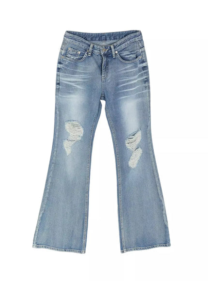 Rue Distressed Bootcut Flare Jeans IU525 Blue flat-lay front view showing full silhouette, low-rise waist, dual knee distressing, and bootcut flare hem