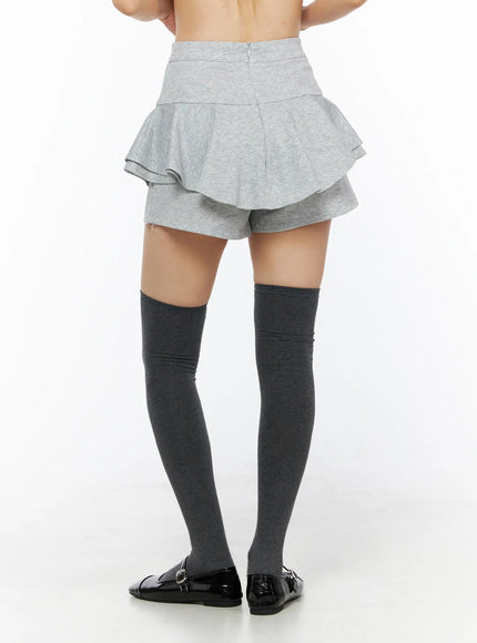 Ruffle Hem Mini Skort CL502 Gray S back close-up model shot showing center back seam tiered ruffles and built-in shorts with dark knee-high socks