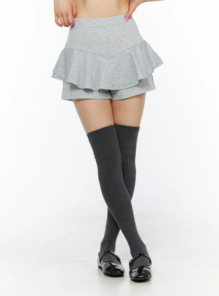 Ruffle Hem Mini Skort CL502 Gray S front close-up model shot showcasing double-layer ruffle hem detail and high waistband in heathered gray jersey