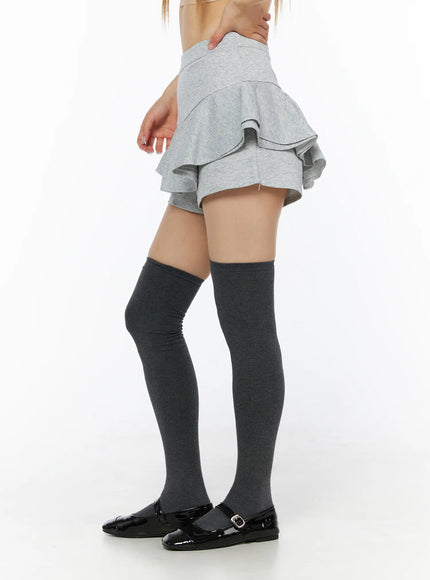Ruffle Hem Mini Skort CL502 Gray S side close-up model shot revealing tiered ruffle silhouette and built-in shorts in heathered gray fabric