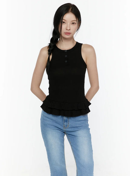 Ruffle Hem Tank Top IL506 in Black, size S/M