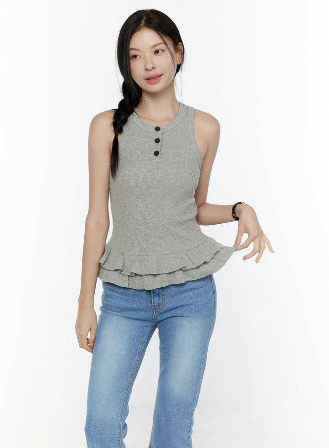 Ruffle Hem Tank Top IL506 in Gray, size S/M