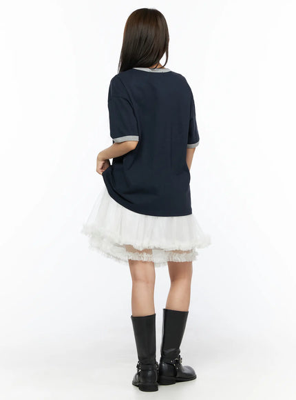 Ruffle Layered Midi Skirt CL517 White back full-body shot on model styled with navy tee and black boots showing tulle skirt back volume and ruffle hem