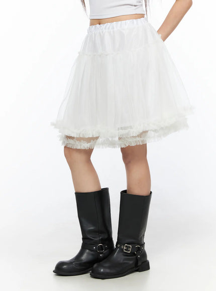 Ruffle Layered Midi Skirt CL517 White side shot on model highlighting voluminous tulle silhouette elastic waist and layered fringe hem detail