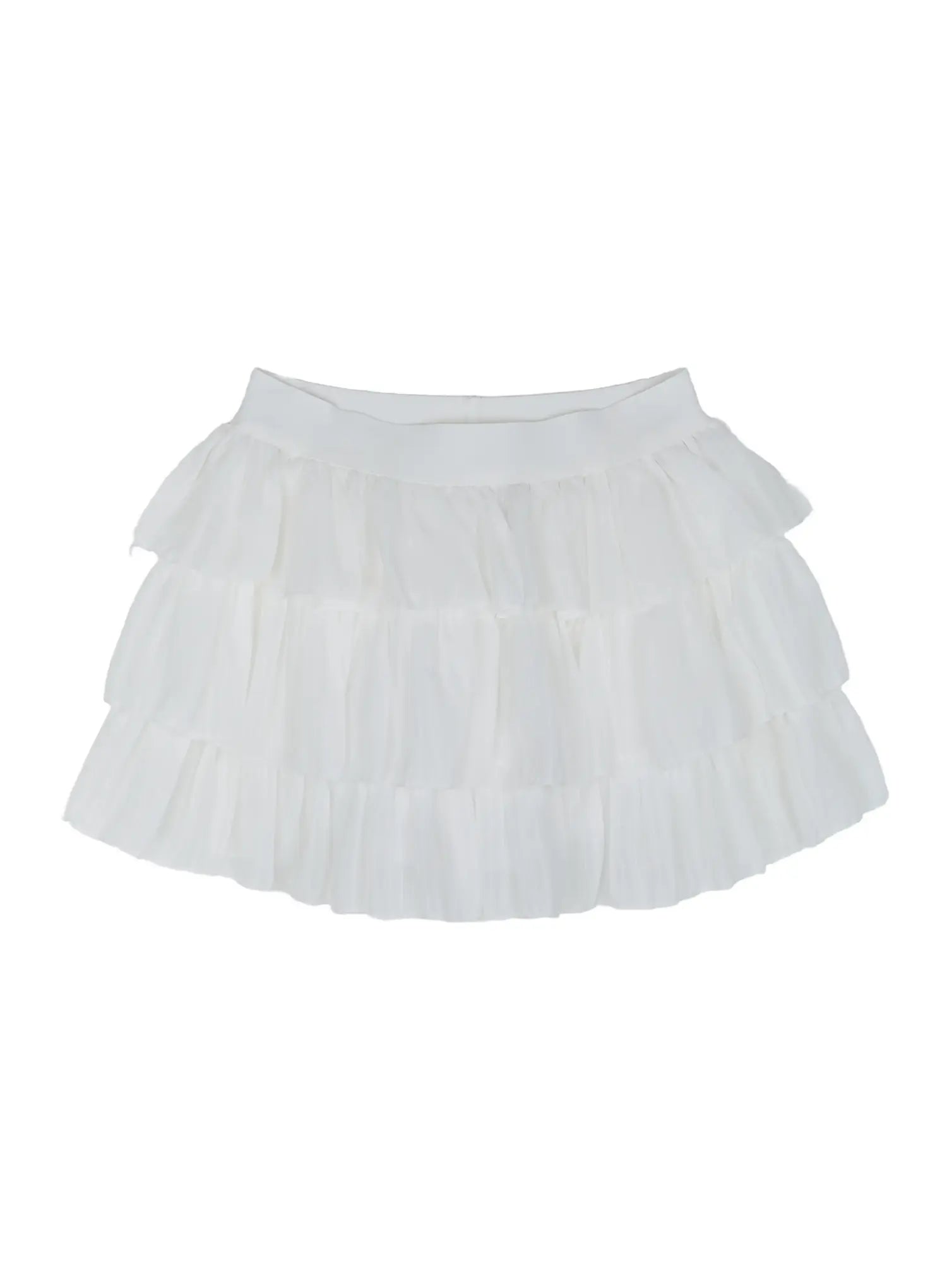 Ruffle Layered Mini Skirt IL521 White flat-lay front view showing three-tier pleated ruffle layers and wide elastic waistband on white background