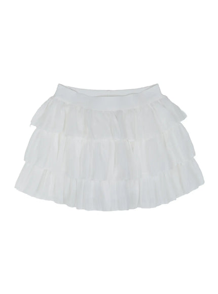 Ruffle Layered Mini Skirt IL521 White flat-lay front view showing three-tier pleated ruffle layers and wide elastic waistband on white background