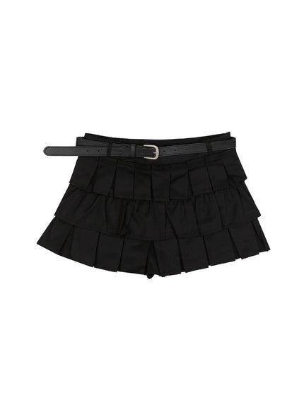 Ruffle Layered Mini Skirt IL523 Black flat-lay shot displaying three-tier pleated mini skirt with included leather belt buckle detail on white background