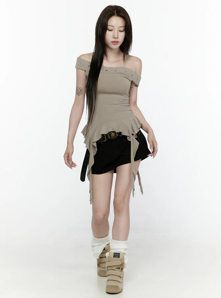 Ruffle Off-Shoulder Top IL521 Dark green full-body walking model shot eyes downcast asymmetric ruffle hem ribbon ties belted black shorts sneakers