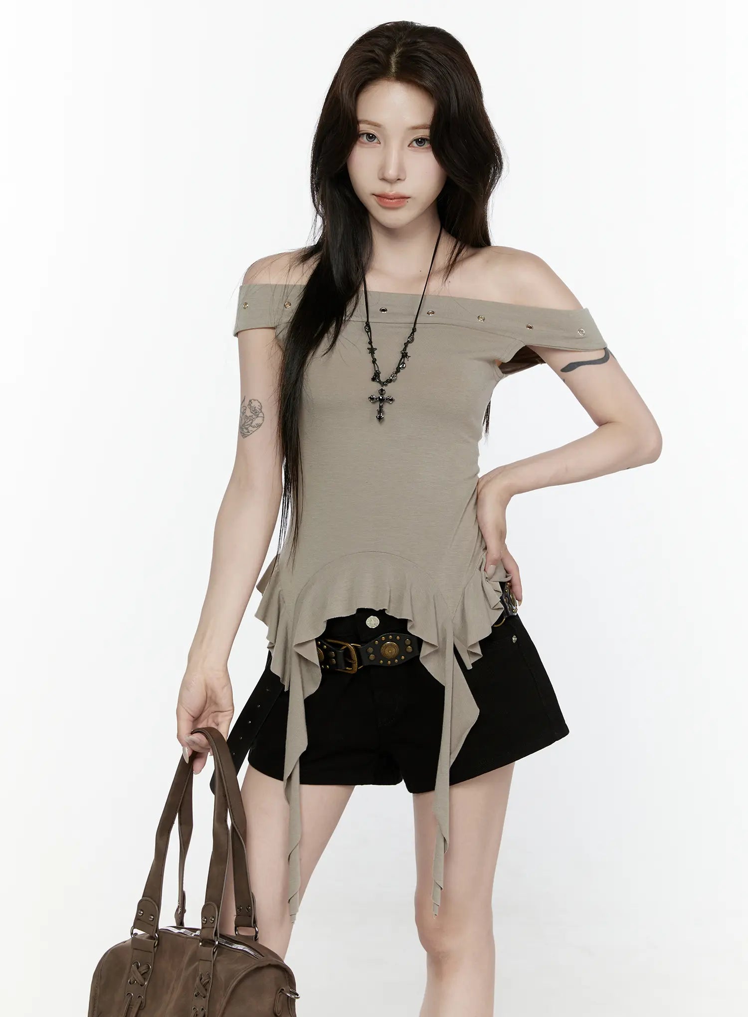 LEWKIN Ruffle Off-Shoulder Top IL521 Dark green S/M front model shot standing upright with cross necklace brown bag stretch ribbed fabric gold eyelet detail