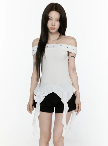 Ruffle Off-Shoulder Top IL521 White front model shot standing neutral pose off-shoulder neckline silver eyelet detail ruffle asymmetric hem ribbon ties
