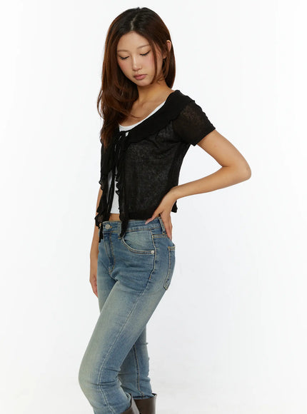 Ruffle Tie Cardigan CL515 in Black, size S/M