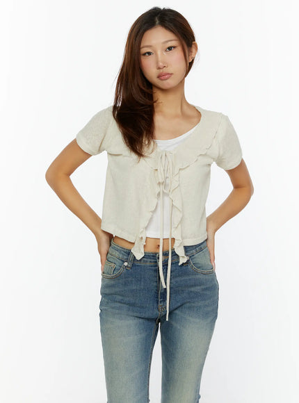 Ruffle Tie Cardigan CL515 in Light beige, size S/M