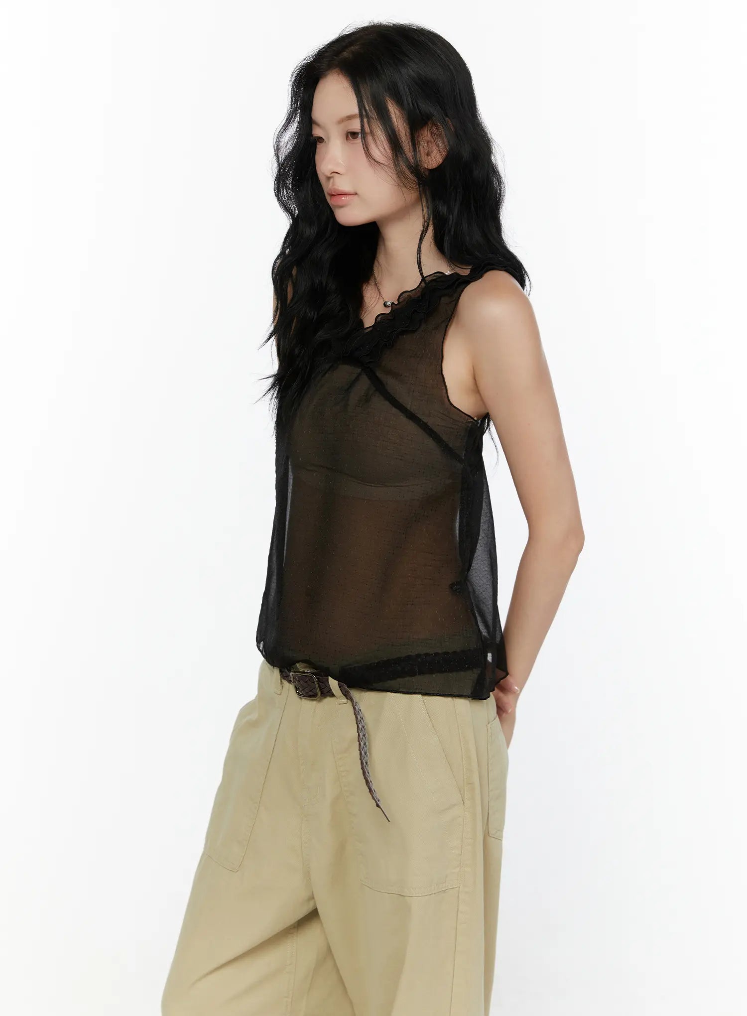 Ruffle V-Neck Sleeveless Top CL521 in Black, size S/M