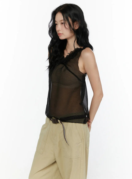 Ruffle V-Neck Sleeveless Top CL521 in Black, size S/M
