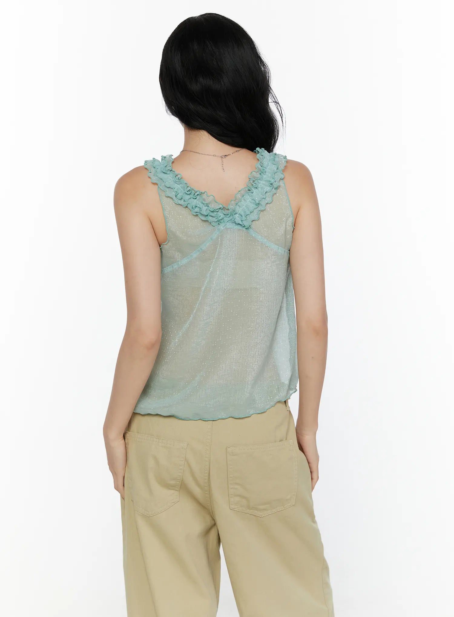 Ruffle V-Neck Sleeveless Top CL521 Mint back shot on model revealing V-back ruffle trim sheer sparkle fabric and scalloped hem with khaki cargo pants
