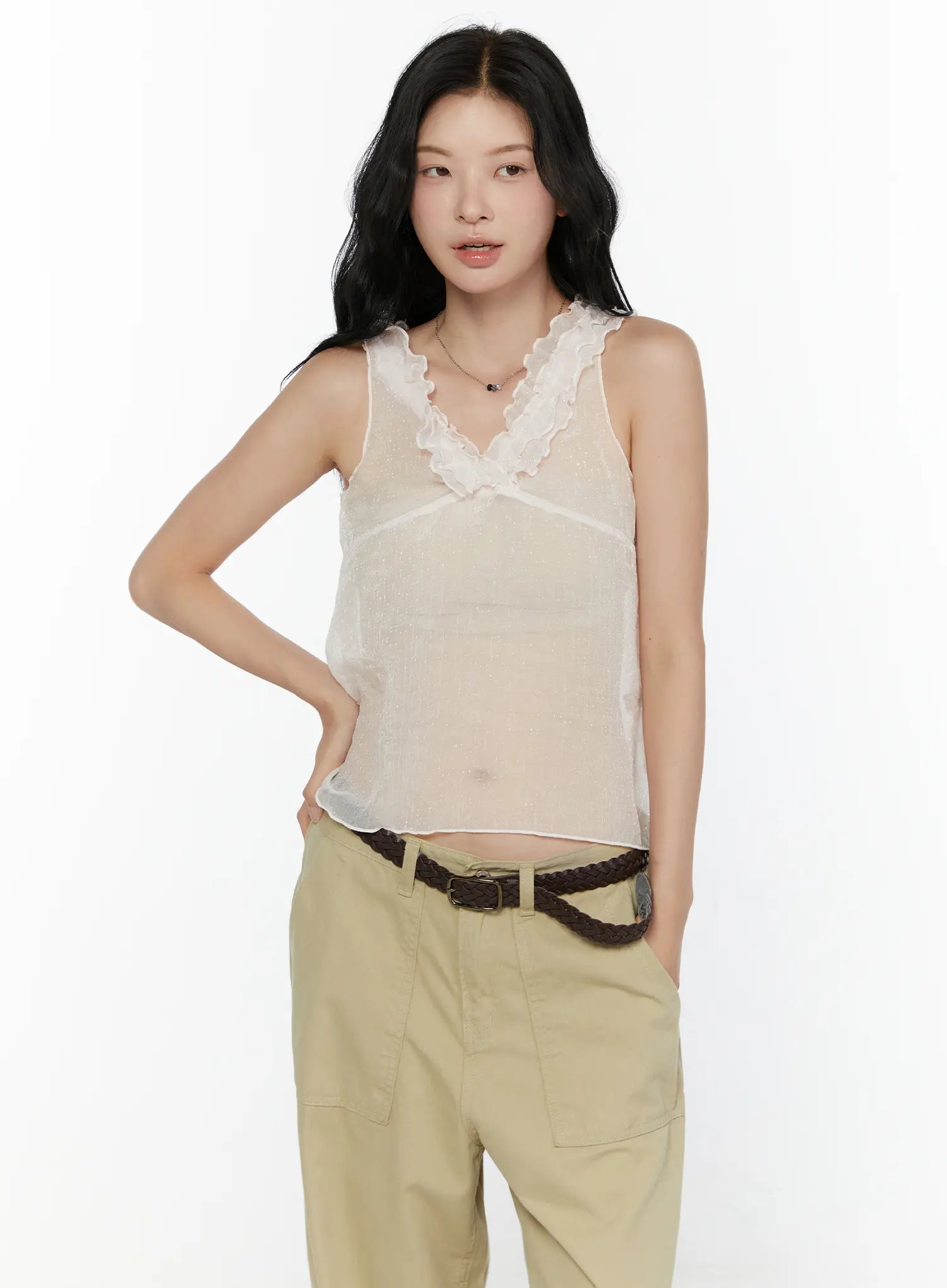 Ruffle V-Neck Sleeveless Top CL521 in Light pink, size S/M