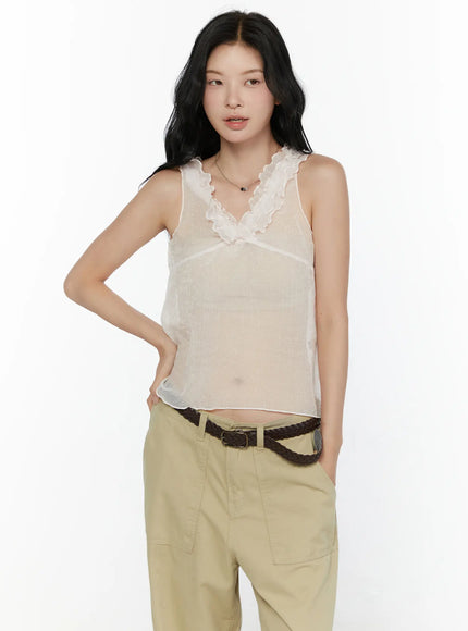 Ruffle V-Neck Sleeveless Top CL521 in Light pink, size S/M