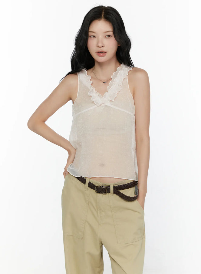 Ruffle V-Neck Sleeveless Top CL521 in Light pink, size S/M
