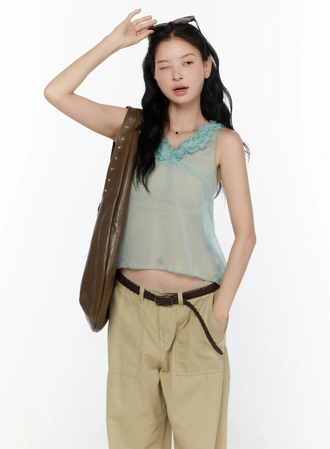 LEWKIN Ruffle V-Neck Sleeveless Top CL521 Mint half-body front shot on model wearing sunglasses on head with brown studded bag and khaki cargo pants