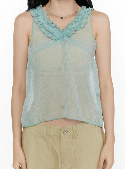 Ruffle V-Neck Sleeveless Top CL521 Mint close-up front shot on model showing sheer sparkle fabric ruffle V-neck collar and seam line details