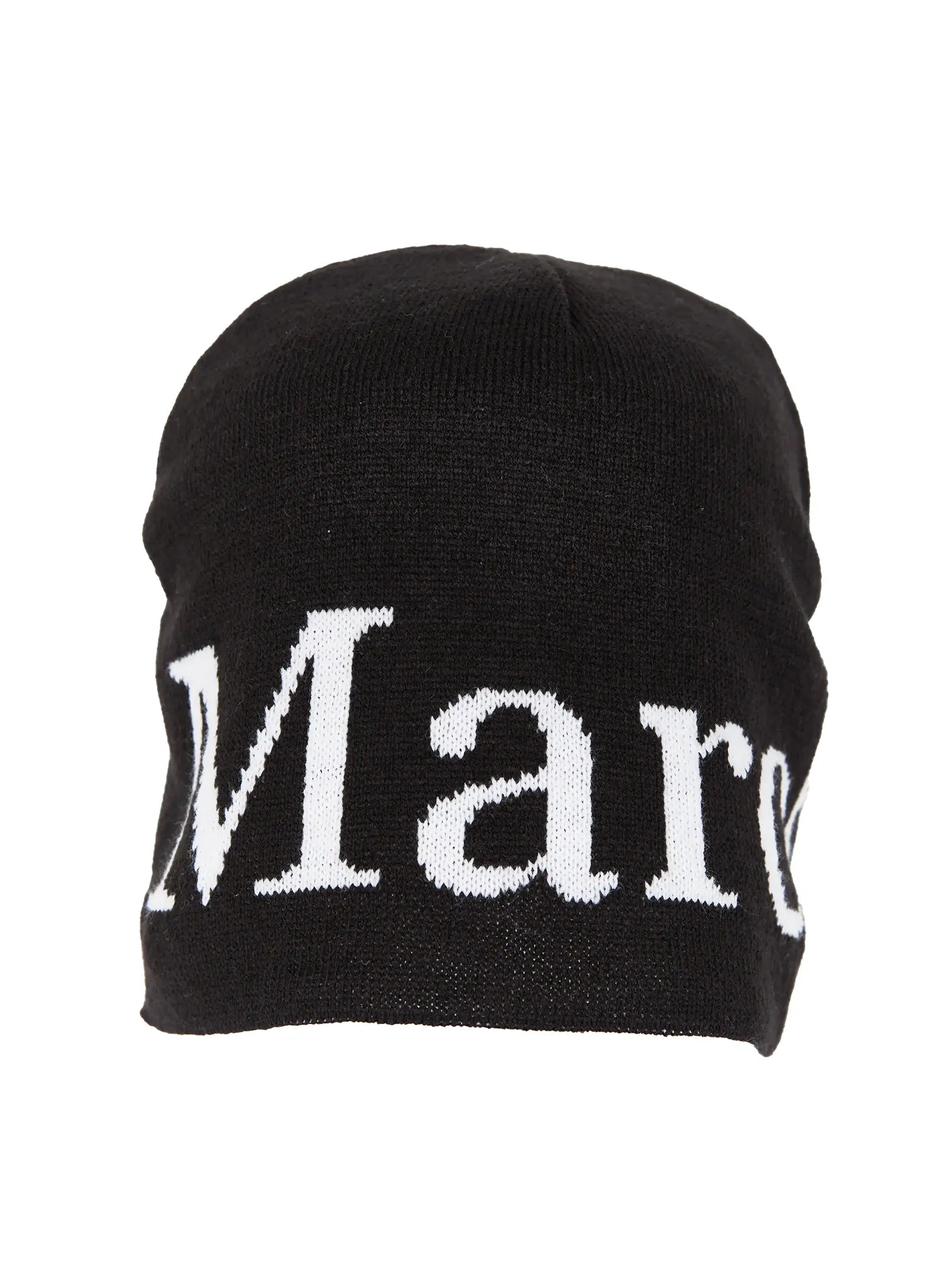 Sawyer Marches Beanie IL503 black flat product front shot with oversized white intarsia Marc lettering on ribbed knit beanie