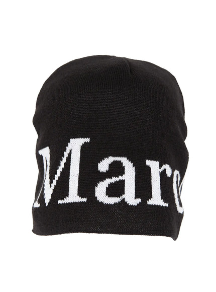 Sawyer Marches Beanie IL503 black flat product front shot with oversized white intarsia Marc lettering on ribbed knit beanie