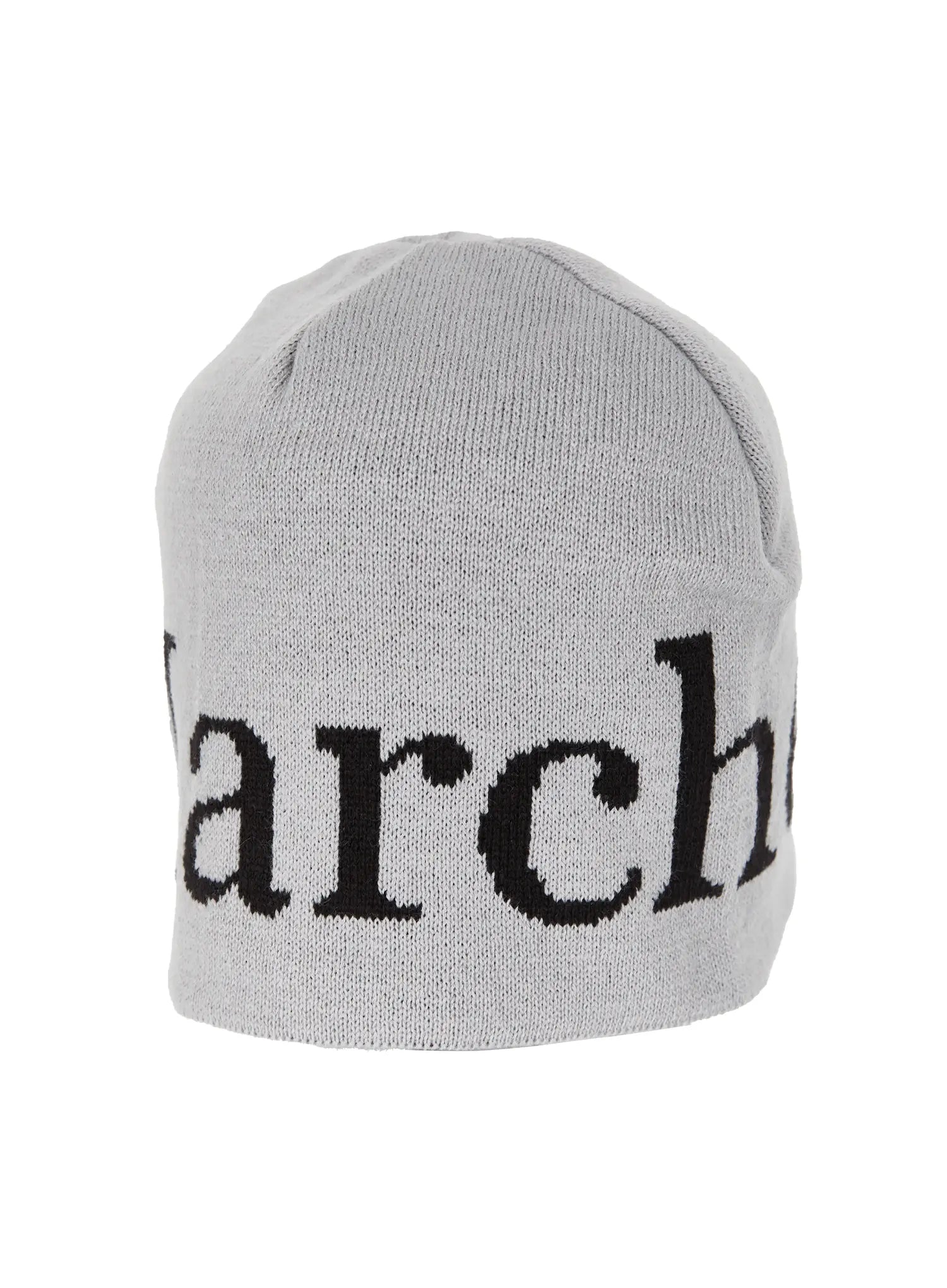 Sawyer Marches Beanie IL503 grey flat product shot angled view showing black intarsia Marches logo on fine knit beanie, no model