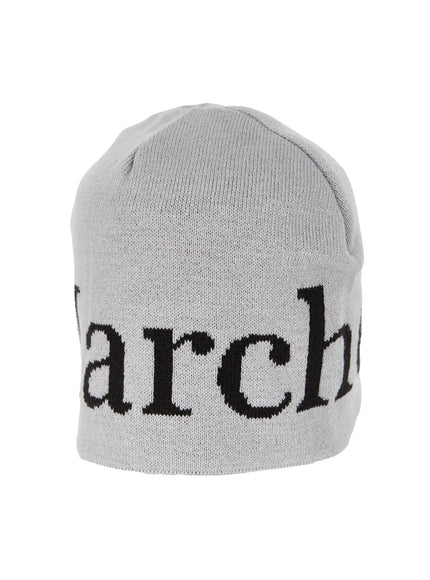 Sawyer Marches Beanie IL503 grey flat product shot angled view showing black intarsia Marches logo on fine knit beanie, no model