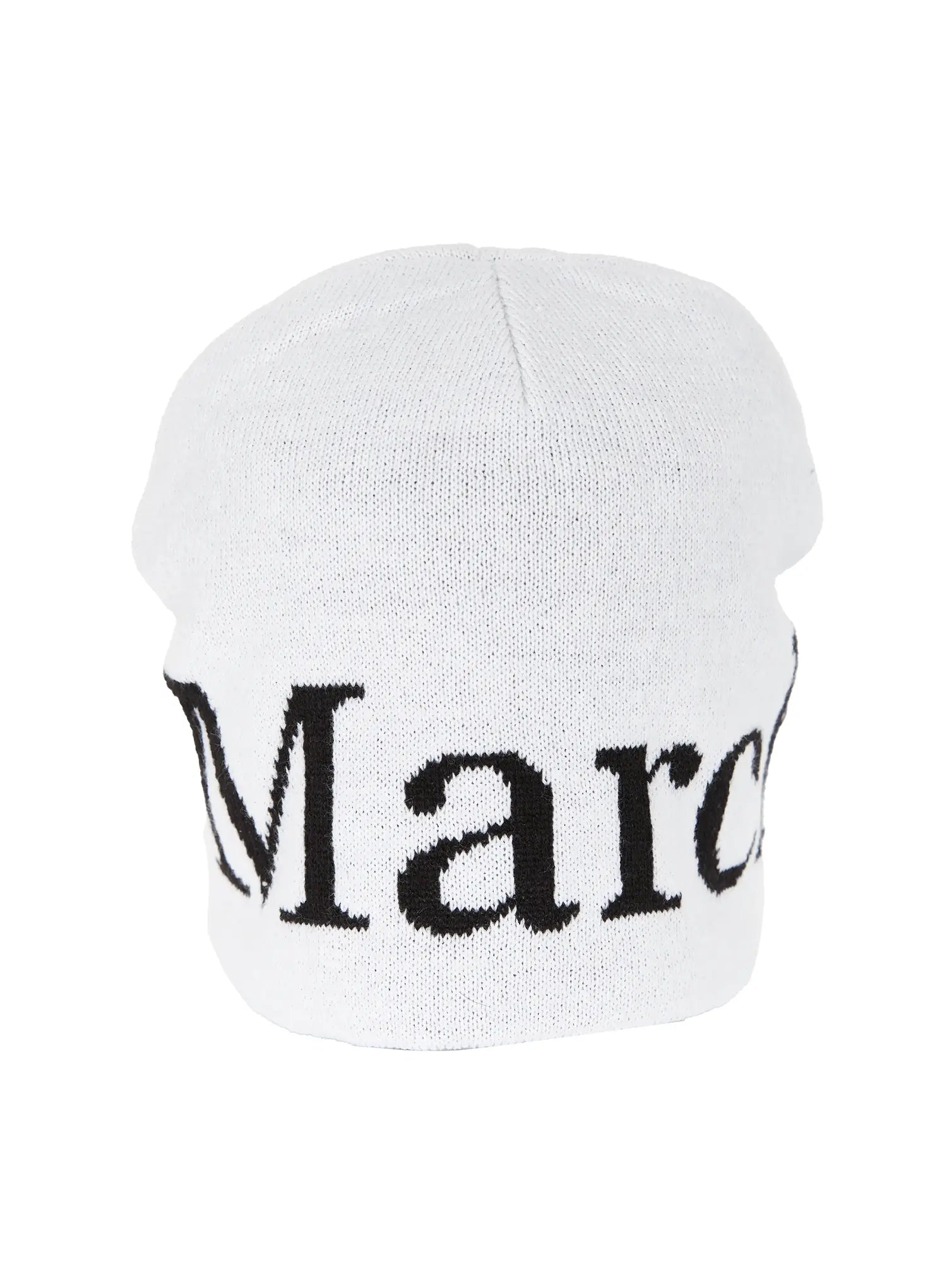 Sawyer Marches Beanie IL503 white flat product angled shot highlighting bold black intarsia Marc lettering on structured knit beanie