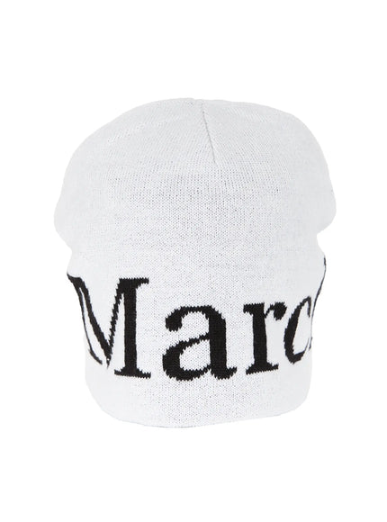 Sawyer Marches Beanie IL503 white flat product angled shot highlighting bold black intarsia Marc lettering on structured knit beanie