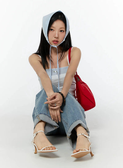 LEWKIN Scallop Trim Layered Cami Top IU524 White S/M seated model front view with blue bonnet headscarf red bag wide-leg jeans white heeled sandals