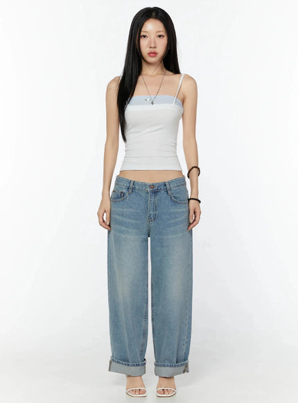 Scallop Trim Layered Cami Top IU524 White S/M full front model shot standing straight arms at sides showing complete cami silhouette with wide-leg denim