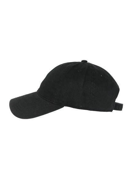 Seoul Mood Cap IL503 Black side flat product shot on white background, curved brim profile, washed cotton twill texture, adjustable back strap visible