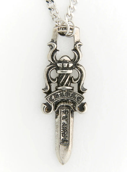 LEWKIN Shadow Sword Necklace IL522 Silver close-up of dagger pendant with Viking helmet motif, engraved banner detail, and aged sterling silver finish