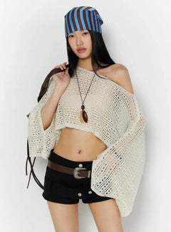 LEWKIN Shawl Crop Knit Top IL506 Light beige S/M close-up front model off-shoulder open-knit crochet crop top styled with striped headscarf and pendant necklace