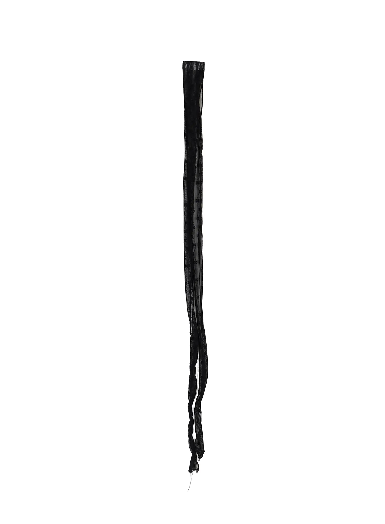 Sheer Floral Pattern Scarf CL503 Black flat-lay full-length view of sheer organza scarf with raw frayed hem showing complete length and texture